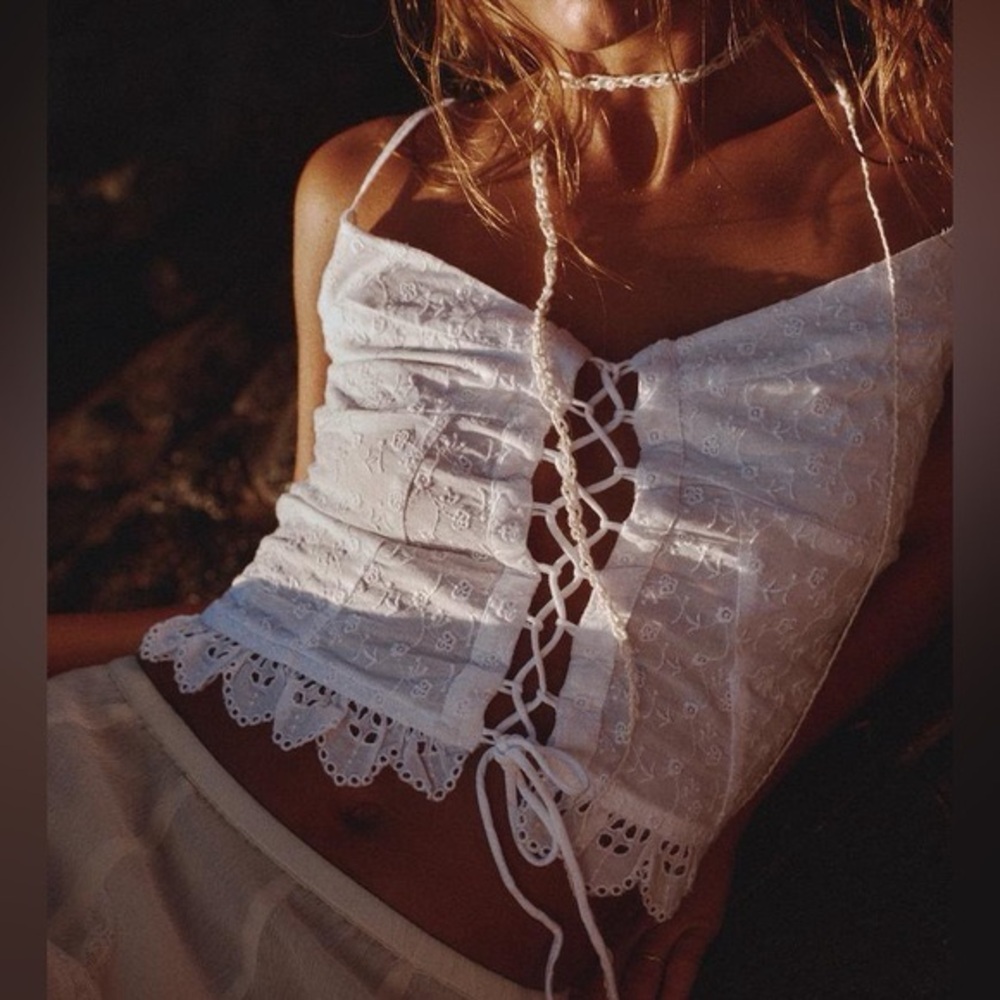 NWT Zara White Tied Embroidered Eyelet Lace-Up Camisole Top XL XXL